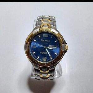 Armitron Watch Men Gold Silver Two Tone Round Blue Dial Day Date New Battery